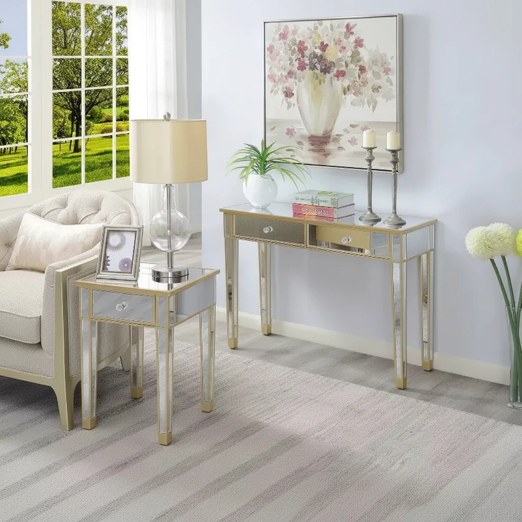 Mirrored End Table with Drawer & Faux Crystal Knob, Elegant Accent Table with Fir Wood Base