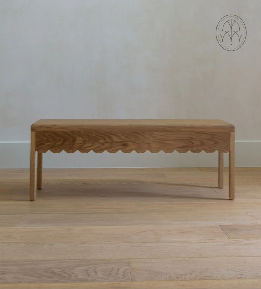 Bench ¨C White Oak Bench with Eye-Catching Scalloped Detailing, Whimsical Feminine Design, Versatile Accent Piece for Entryway or Bedroom, 48W x 12D x 18H