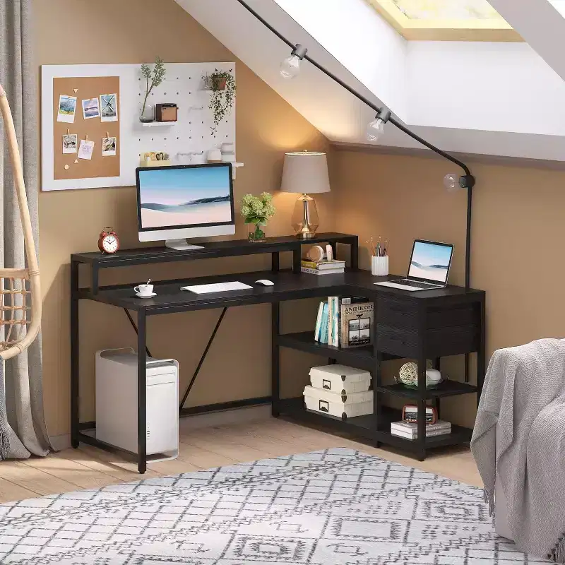 Reversible L-Shaped Computer Desk | Drawer, Monitor Stand & Storage Shelves