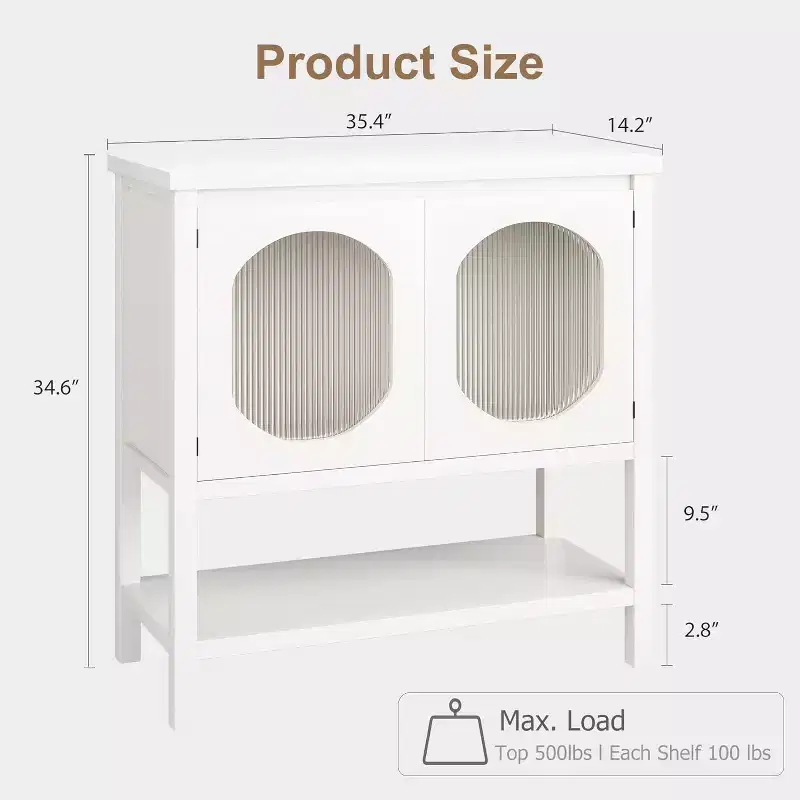 Storage Cabinet with 2 Reeded Glass Doors and Storage Shelf, Buffet Sideboard for Kitchen, Hallway, Dining Room, Living Room - White