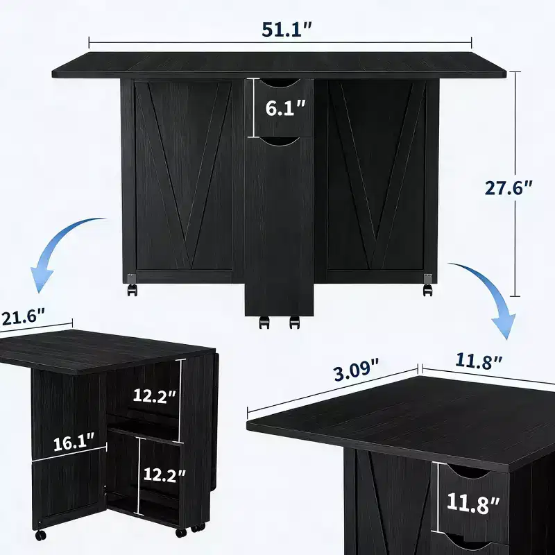 51 Wide Folding Dining Table with Storage Shelves, Drop Leaf Kitchen Table on Wheels, Space Saving Extendable Table for Small Space