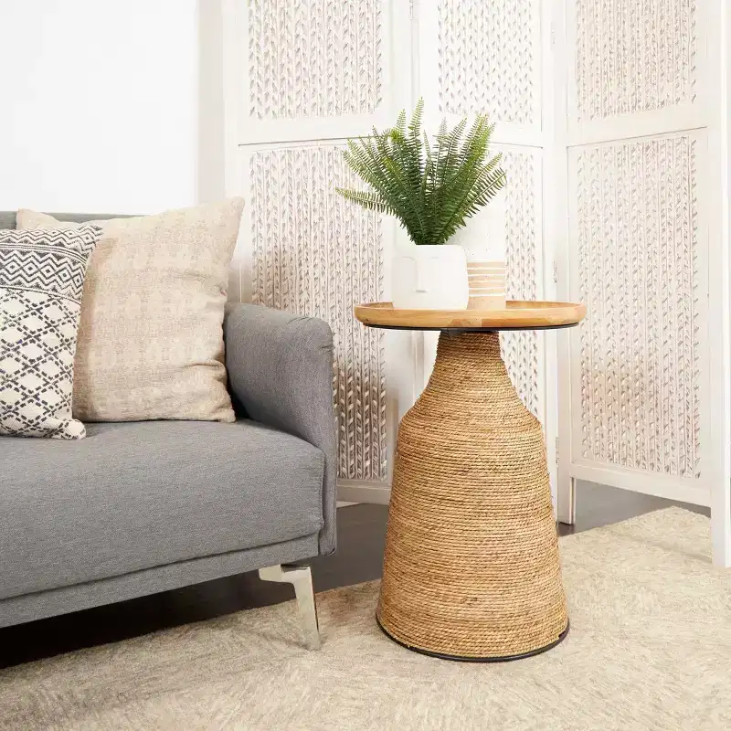 Olivia & May Dried Plant Handmade Wrapped Accent Table with Wood Tabletop Brown: Bohemian Pine Frame, No Assembly Required