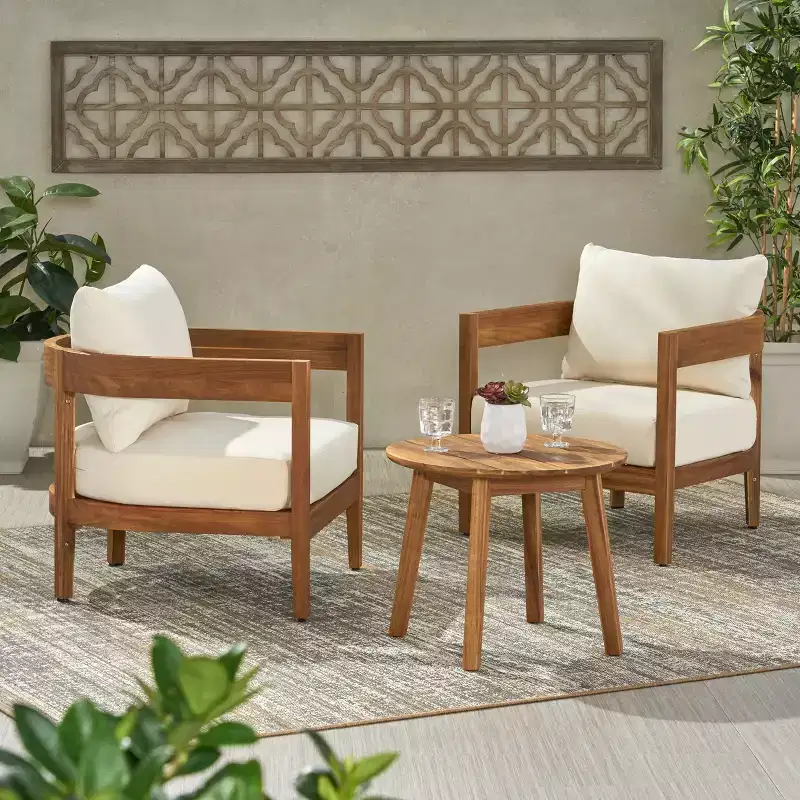 Christopher Knight Home Brooklyn Outdoor 3pcs Acacia Wood Chat Set with Cushions, Beige