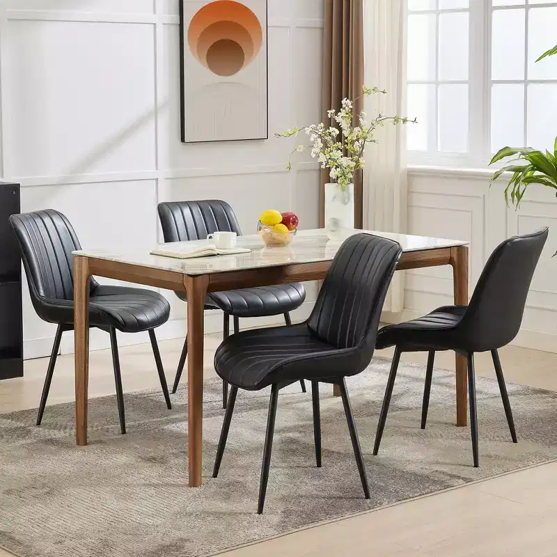Dining Chairs Set of 2, Modern Faux Leather Upholstered Seat with Sturdy Metal Legs, Linear Design Kitchen Dining Room Side Chairs Brown