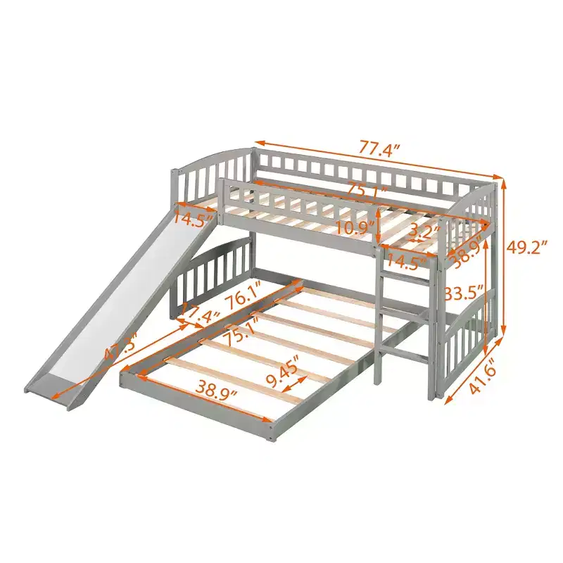 Floor Bunk Bed with Slide and Stairs, Low Bunk Bed Twin over Twin with Storage, Wood Twin Bunk Bed for Toddlers Kids