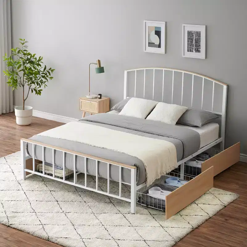 Full/Queen Metal Platform Bed Frame, Headboard & Large Storage, No Box Spring, White