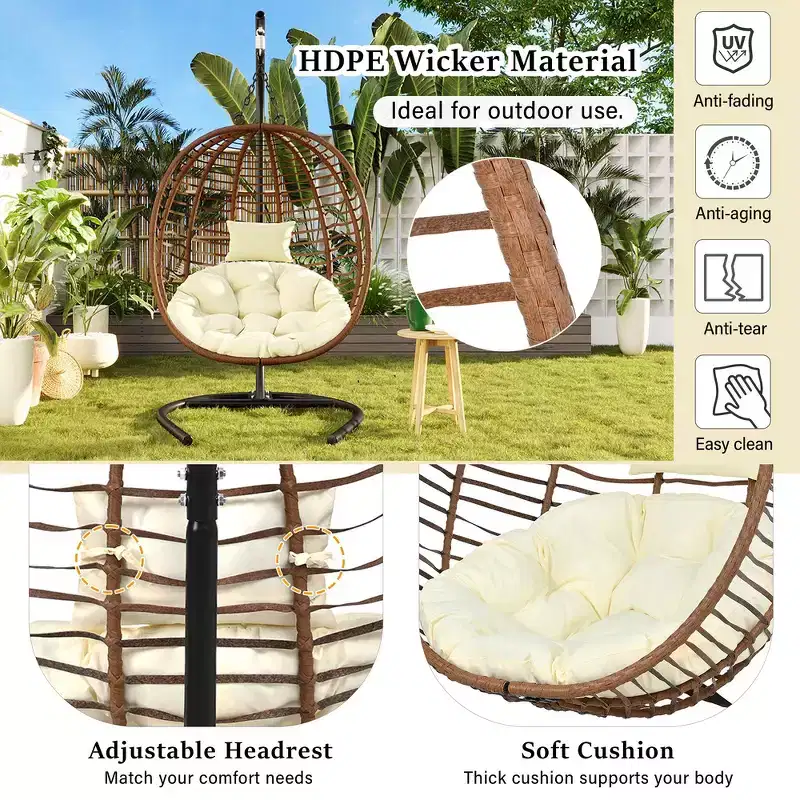 Whisen Single Person Folding Egg Chair with Stand, Hammock Swing Chair with Adjustable Anti-Slip Feet