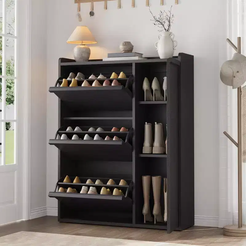 Shoe Storage Cabinet with 3 Flip Drawers, Hidden Shoe Organizer with Adjustable Shelves, Freestanding Wooden Shoe Cabinet