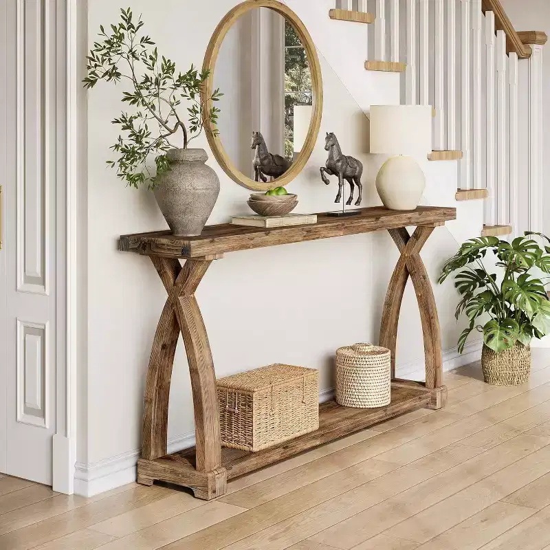 Lantine 63-Inch Narrow Solid Wood Console Table, 2-Tier Farmhouse Entryway Table Behind Sofa for Entrance, Foyer, Living Room
