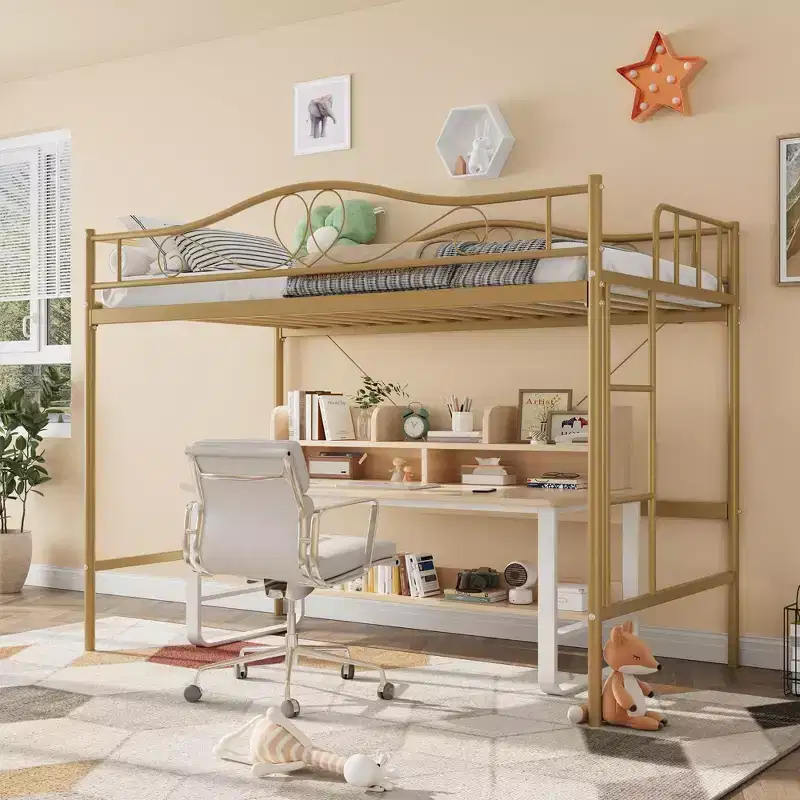 Twin Loft Bed Frame with Removable Ladder and Full Guardrail Gold Metal High Loft Bed for Teens Adults Space Saving No Box Spring Needed