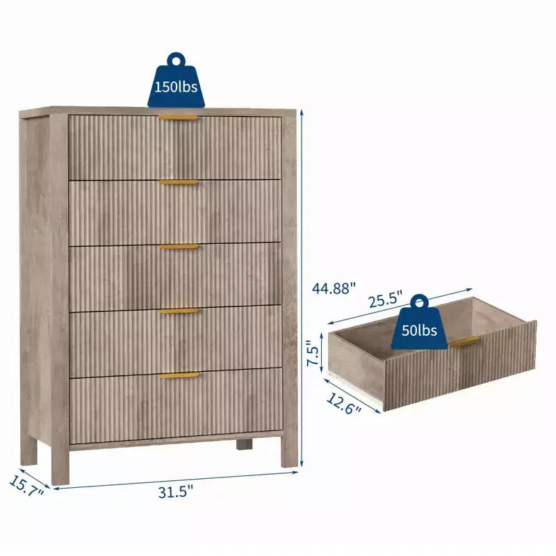 5 Drawer Dresser For Bedroom, 44 Tall Fluted Narrow Nightstand, Wood Dresser Storage Cabinet, Storage Organizer for Living Room Entryway