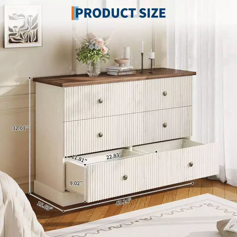 6-Drawer Fluted Dresser,47Modern Horizontal Wood Chest of Drawers with Metal Handles,Stylish Bedroom Storage for Guest Room or Apartment