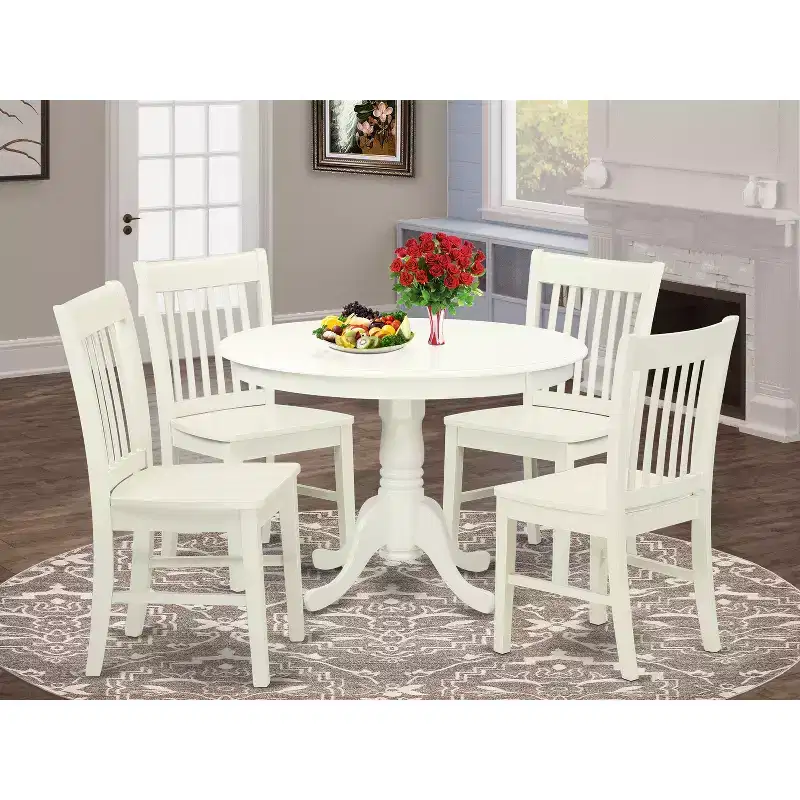 Dining Table Set for 4 - 42 Inch Round Kitchen Table with 4 Chairs - Linen White Finish