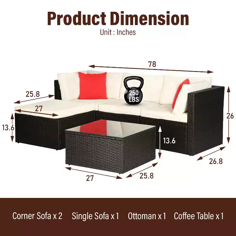 FDW 5-Piece Rattan Patio Furniture Set Modern Outdoor Sectional Sofa Conversation Sofa Set with Corner Chairs Pillow and Glass-Top Table, Khaki