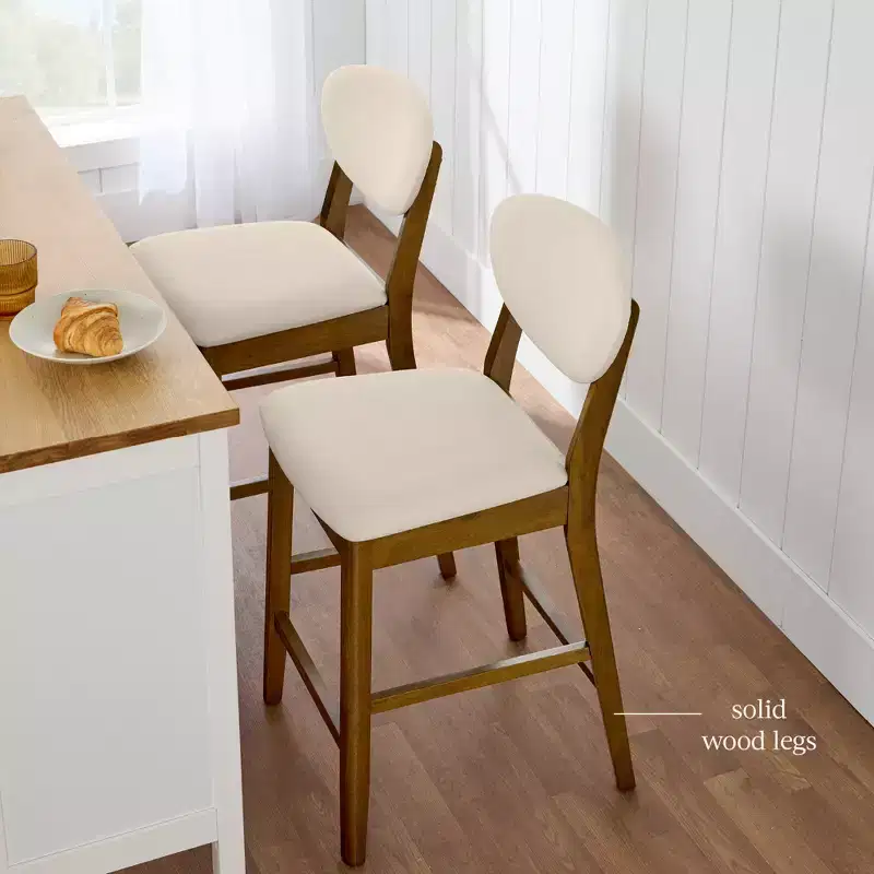 2-Piece Mid-Century Modern Wood and Upholstered Counter Height Bar Stool Set