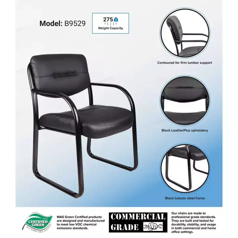 Leather Sled Base Guest Chair Black: Upholstered, Metal Frame, Fixed Height