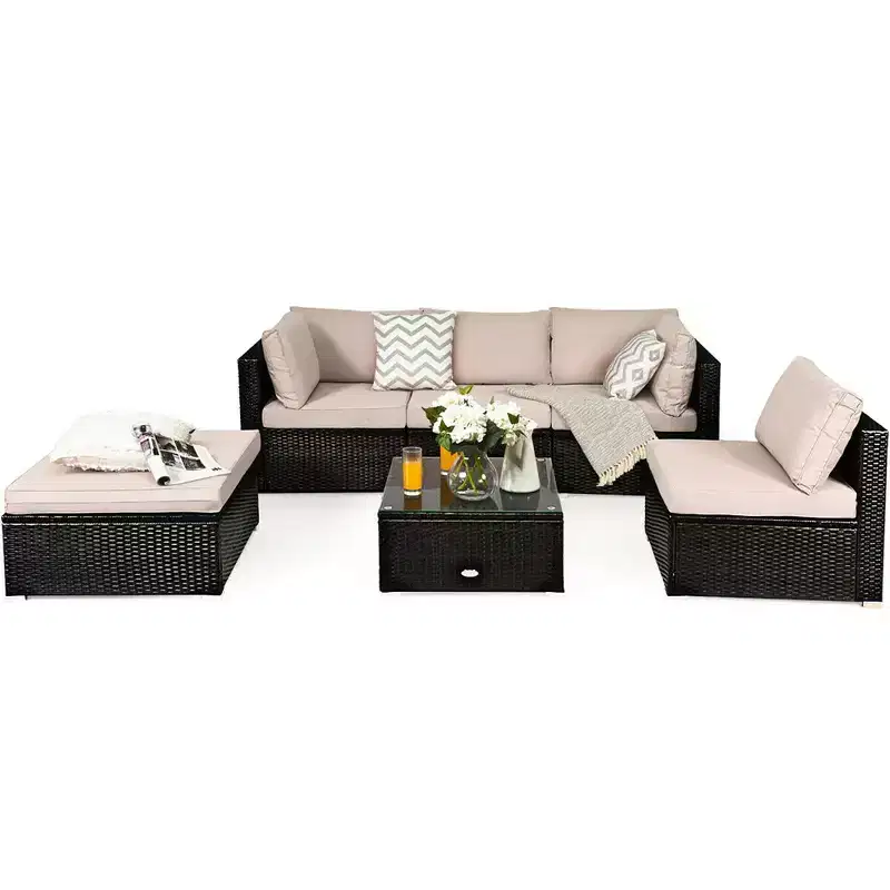 Costway 6PCS Outdoor Patio Rattan Furniture Set Cushioned Sectional Sofa Navy\Black\Turquoise\Beige