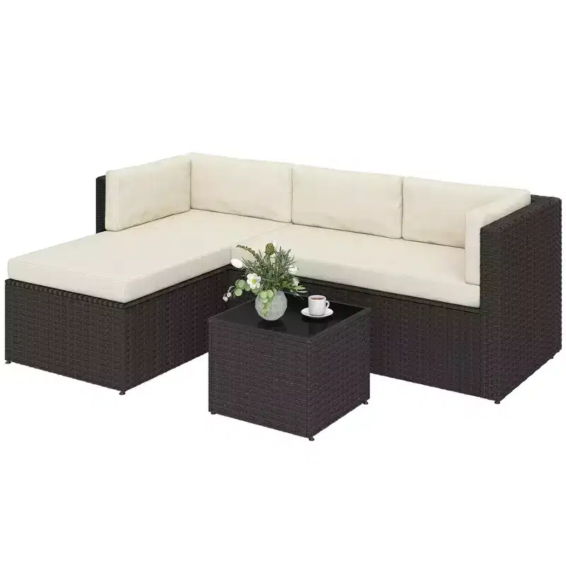 Outsunny Patio Furniture Set, Wicker Rattan Outdoor Patio Conversation Furniture Set with Cushions, Glass Top Coffee Table