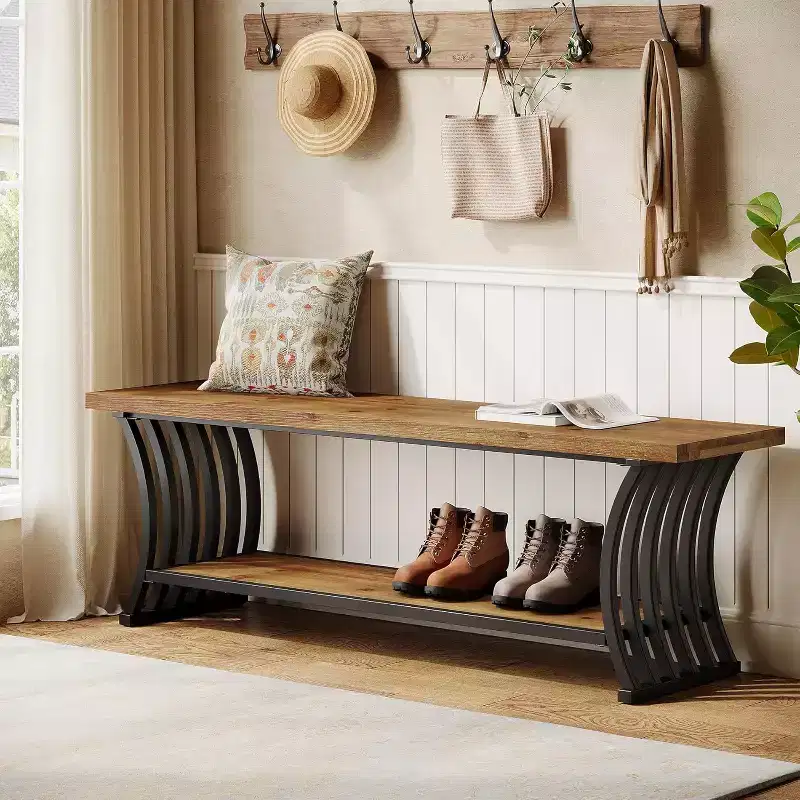 Industrial Entryway Bench with Shelf, Wood End of Bed Shoe Bench, 55 Long Storage Benches for Bedroom, Hallway, Foyer, Entry, Brown & Black