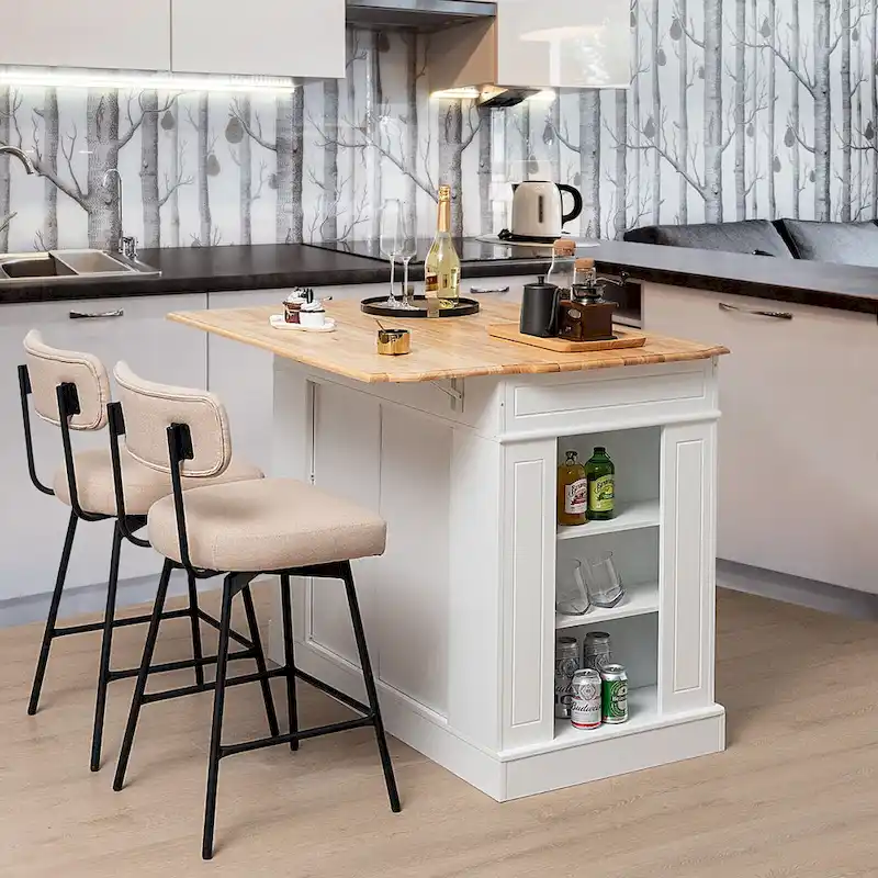 Gymax Large Kitchen Island Drop Leaf Breakfast Bar w/ Wood Top Shelves