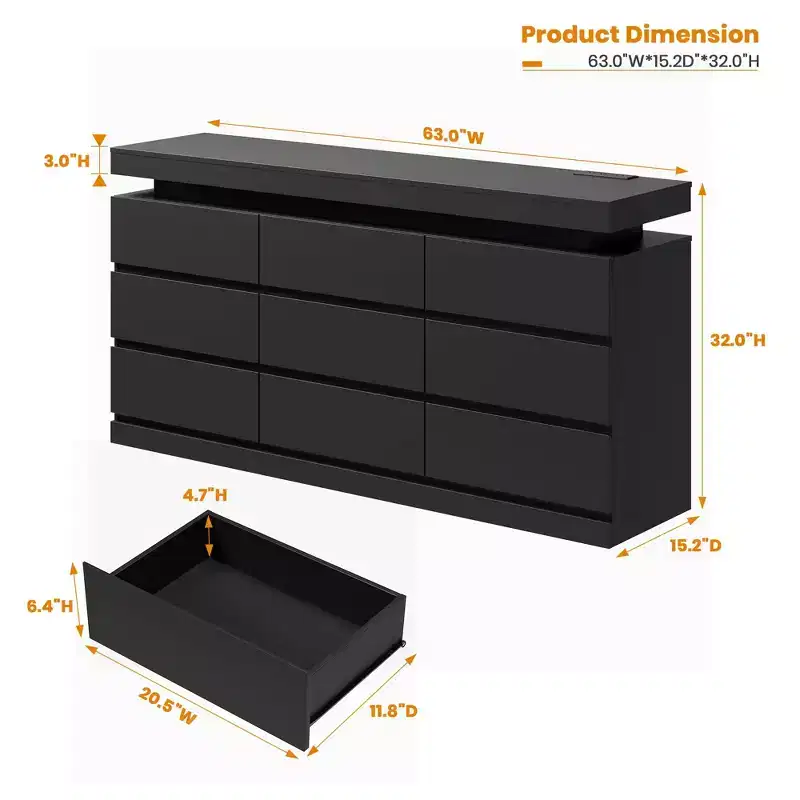 9 Drawer Dresser for Bedroom - 63'' Wide Chest of Drawers with LED Light and Charging Station, Large TV Stand Multi-Function Home Organizer