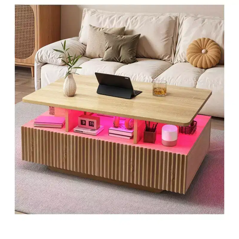 Farmhouse LED Coffee Table with 4 Drawers & Open Compartment, Modern Rectangle Design, Wood Coffee Table
