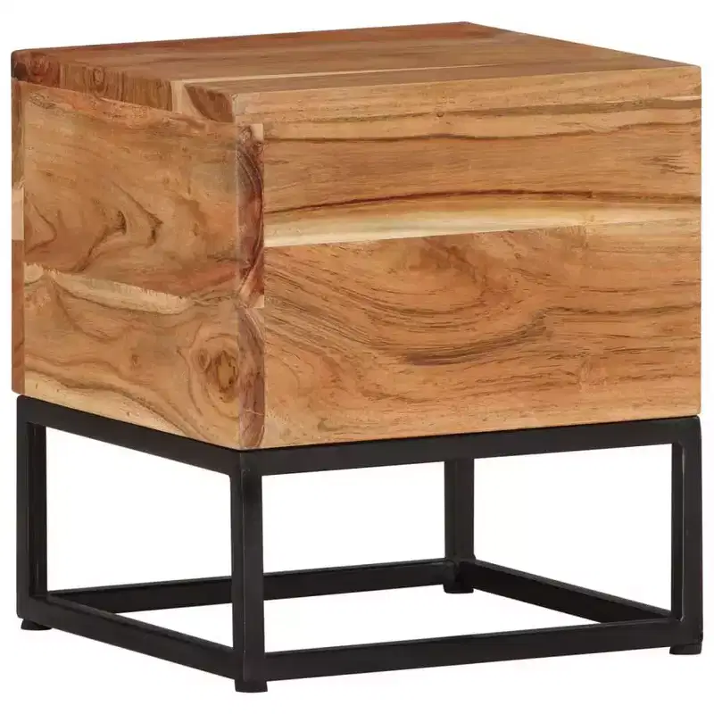 Solid Acacia Wood Side Table with Black Iron Base, 11.8