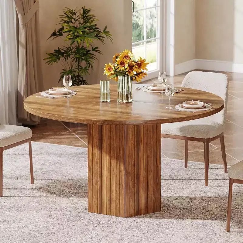 Lantine Wood Dining Table for Dining Room, Round 47 inch Dinner Table for 4 People with Pedestal Base and Circle Oak Tabletop