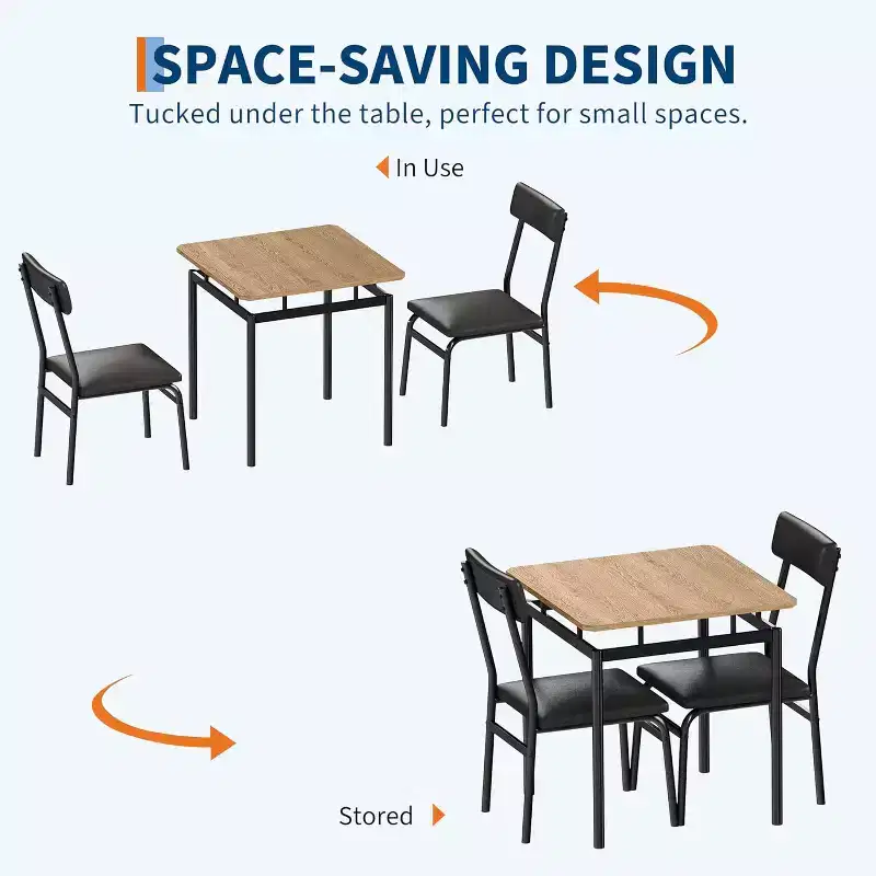 3-Piece Dining Set with Table & 2 Padded Chairs, Wooden Frame, Space-Saving Design, Easy-Clean Surface, Black