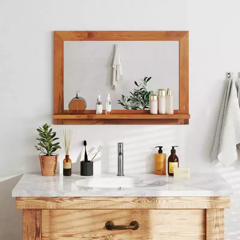 27.5 x 20 Inch Rectangle Farmhouse Wall Mirror with Shelf, Natural Teak Wood