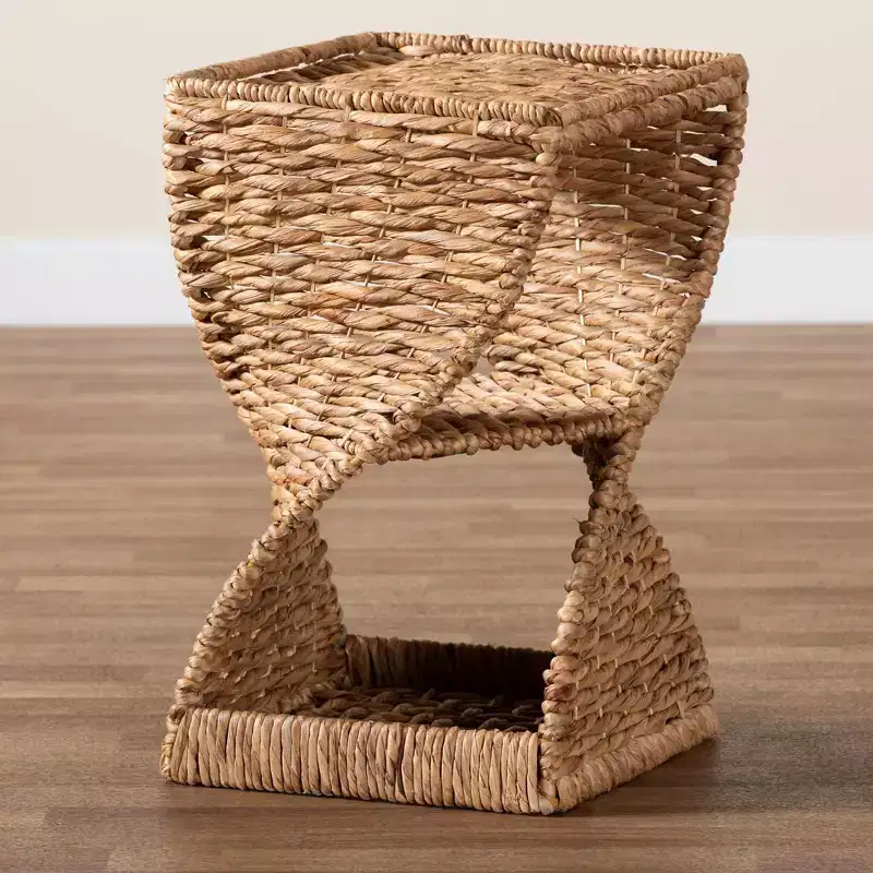 Seagrass End Table with Metal Helix Frame & Open Shelves, Bohemian Style, Fully Assembled