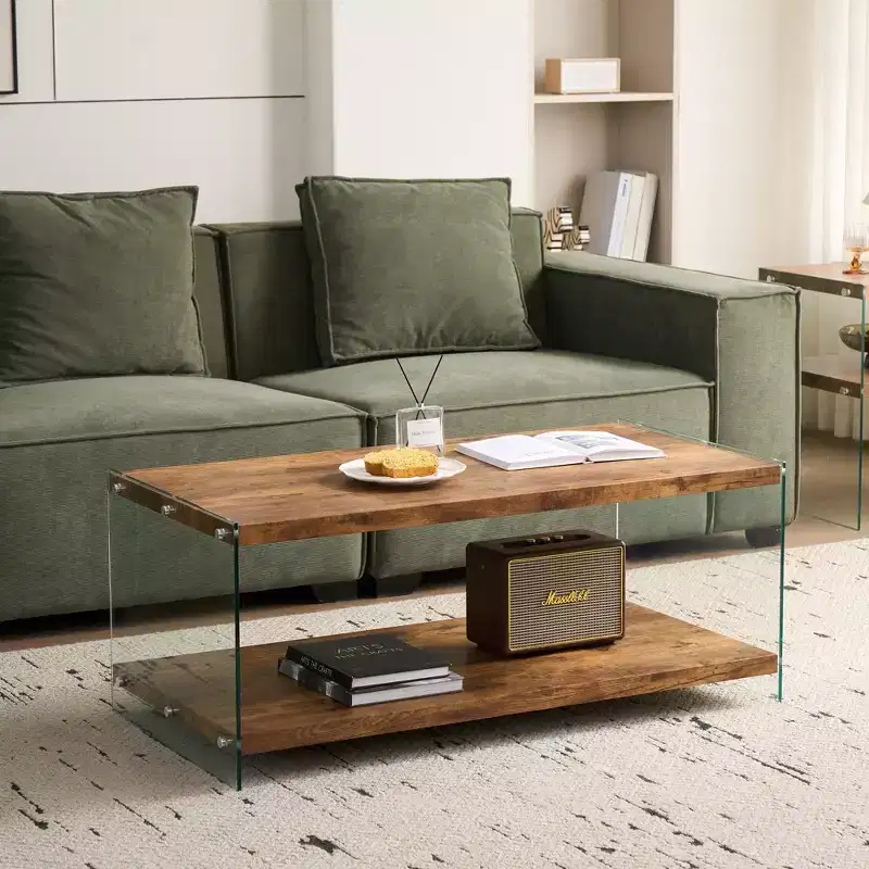 Modern Wood and Tempered Glass Coffee Table with Open Shelf