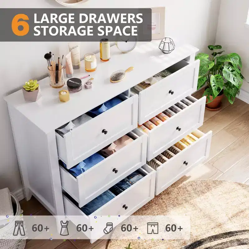 GustoWave 6 Drawer Dresser, Modern Chest of Drawers with Round Handle and Sturdy Leg