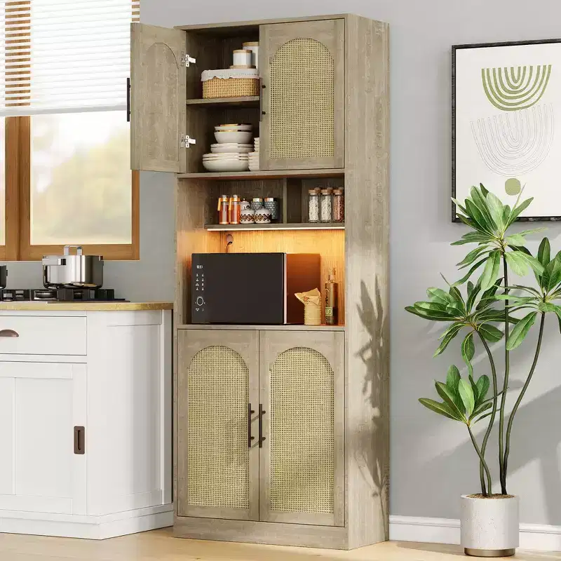 Rattan Kitchen Pantry, Farmhouse Storage Cabinet with with Rattan Doors & Open Shelves for Living Room, Kitchen