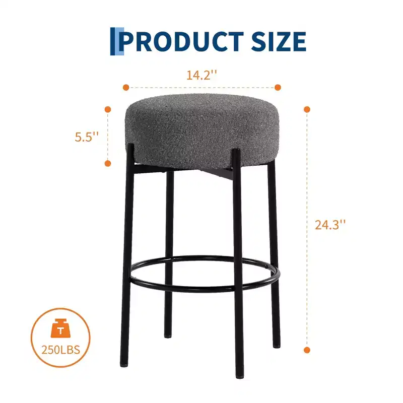 Set of 2 Modern 24 Counter Height Barstools with Soft Seat, Backless Design & Metal Legs for Kitchen Island, Bar, or Dining Room