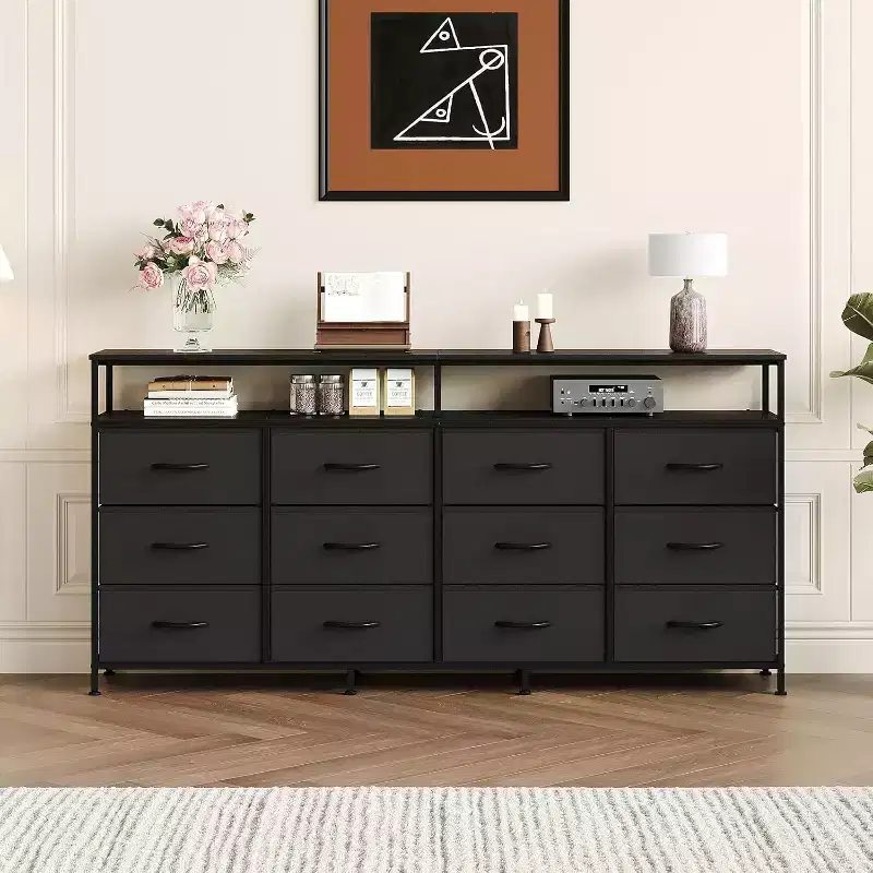 63'' Long Dresser for Living Room,12 Drawers Fabric Dresser TV Stand for Bedroom, Chest of Drawers with Open Shelves