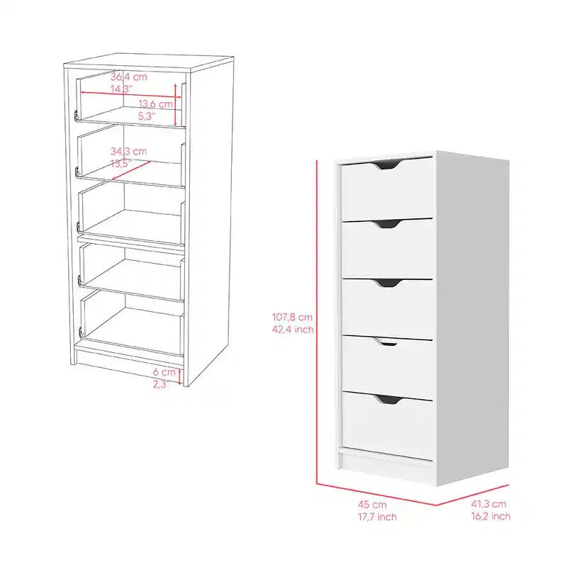 5-Drawer Narrow Dresser, White Finish, Particle Board, 42.44