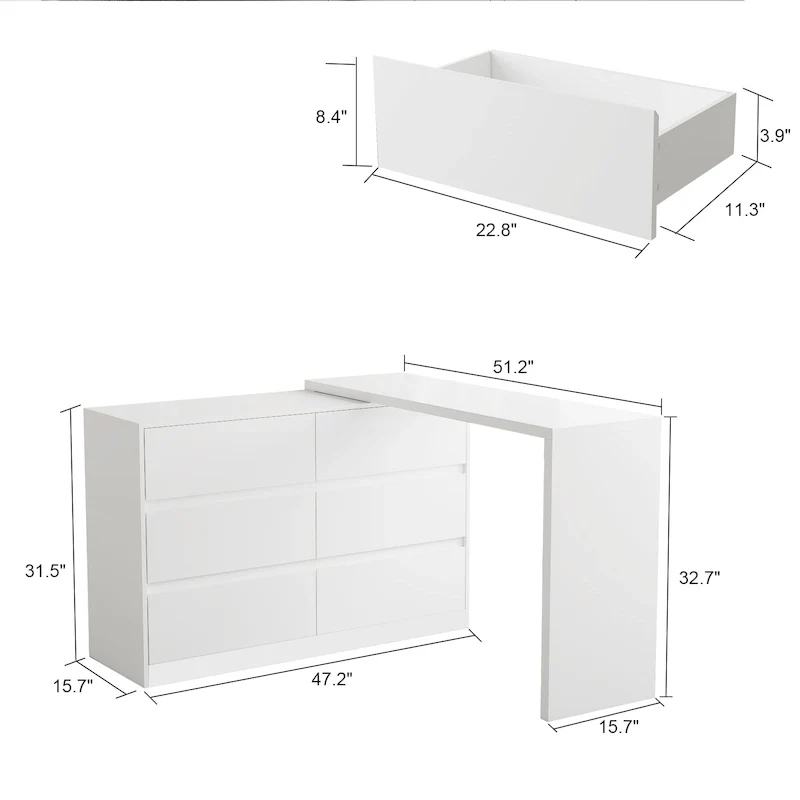 32.7H Rotating Dresser and Desk 6 Drawer Dresser Makeup Vanity White/Black
