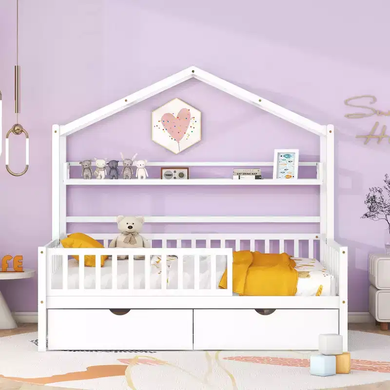 Full Size Kids Platform Bed with Drawers and Storage Shelves, Fence Rails Wood Playhouse Tent Bed Frame for Girls Boys, White