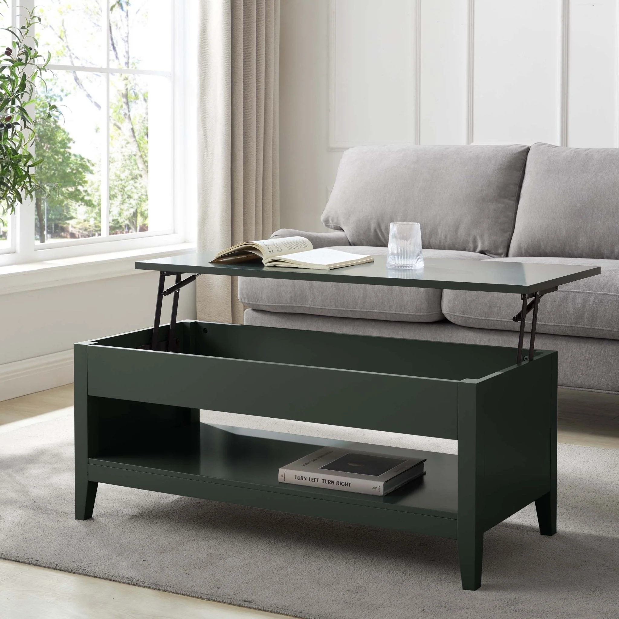 Modern Forest Green Painted Lift-Top Coffee Table with Hidden Storage for Living Room