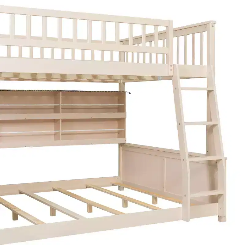 Full Xl Over Queen Low Bunk Bed With Built In Lighted Shelves And Pegboard