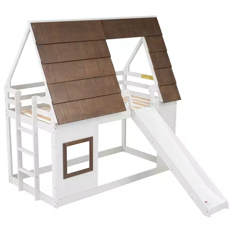 Bunk Bed Frame with Roof, Window, Guardrails & Built-in Ladder(Upgraded) - White & Brown