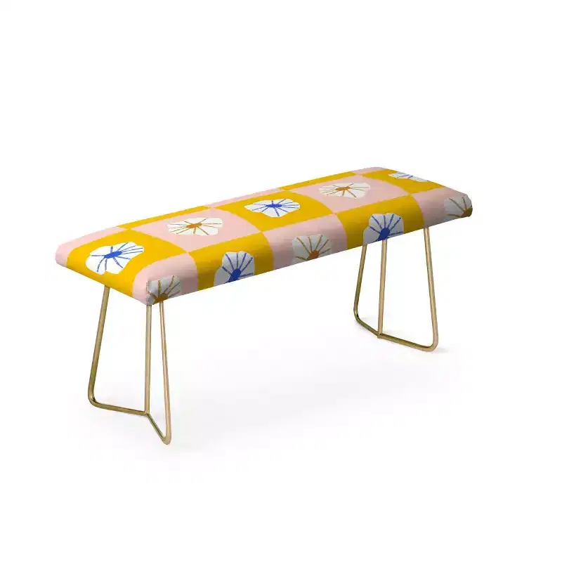 White Checkered Flowers Bench Yellow - Faux Leather Upholstered with Steel Legs
