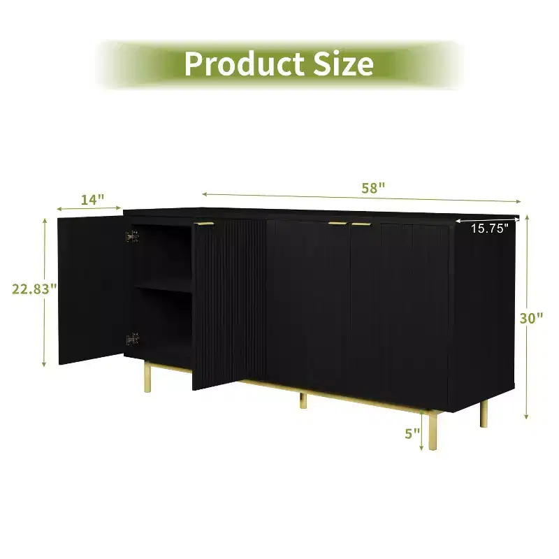 58 Wooden Console Table with 4 Fluted Doors & Adjustable Shelves Modern Sideboard Cabinet with Storage for Living Room,Kitchen & Entryway