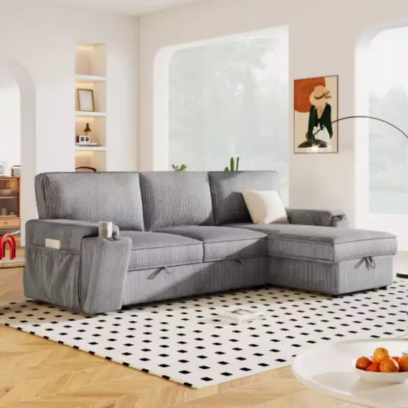 Sectional Sofa Bed with Upholstered Finish, Integrated Storage Pockets, and Two Cup Holders on the Arms