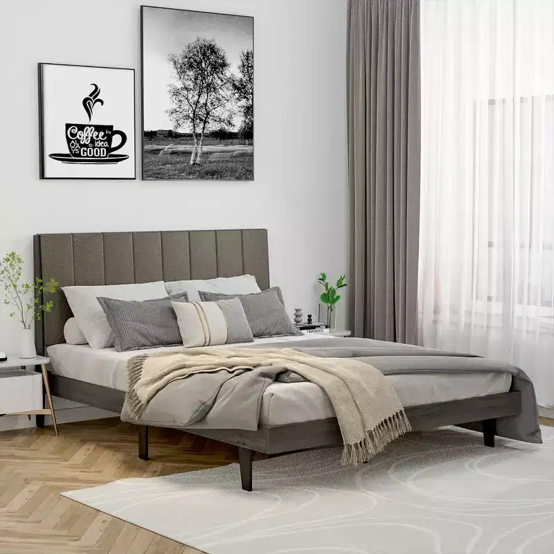 Upholstered Tufted Bed Wood Platform Mattress Foundation Headboard Queen