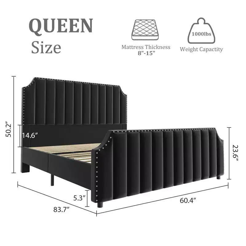 King Size Bed Frame, Platform Bed Frame with Velvet Upholstered 50.2'' Headboard, Rivet Decoration, Strong Wooden Slats, No Box Spring Needed, Black