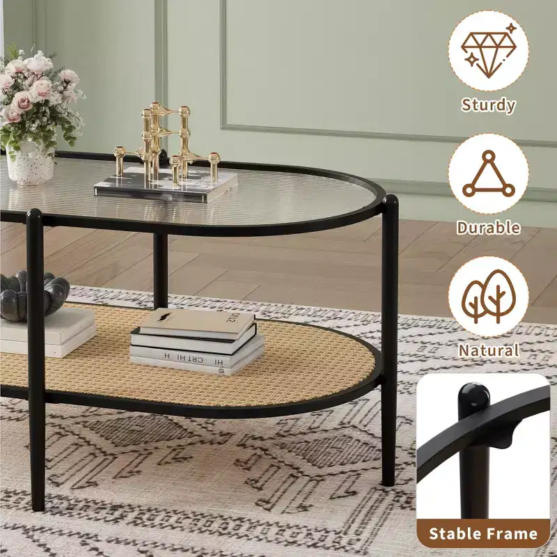 37 Oval Coffee Table with Rattan Storage Shelf, 2-Tier Metal Frame Mid Century Modern Center Tables for Living Room, Office, Small Space