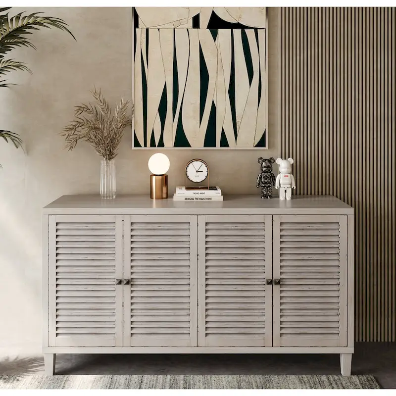 60-in Farmhouse Natural Wood Wash 4 Shutter Door Wooden Sideboard Buffet Server Accent Storage Cabinet