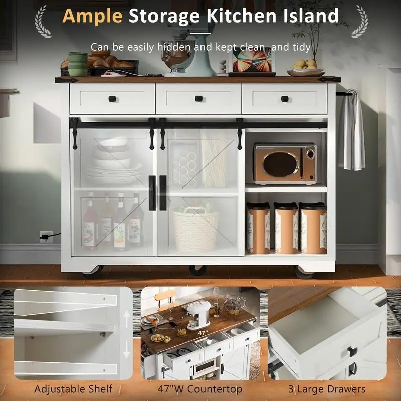 Farmhouse Kitchen Island with Power Outlet, Rolling Kitchen Cart with Drop Leaf